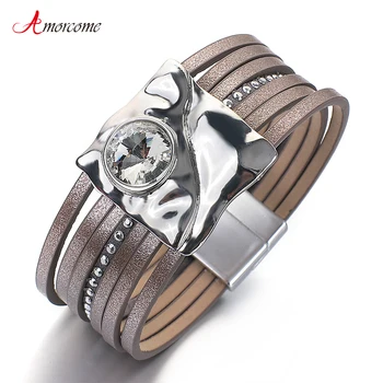 

Amorcome Retro Thin Leather Bracelet for Women Jewelry 2020 New Curved Irregular Square with Rhinestone Crystal Charm Bracelets