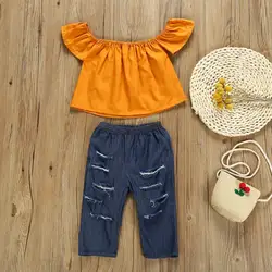 Летний милый топ с открытыми плечами и рваные джинсы для маленьких девочек, комплект детской одежды из двух предметов