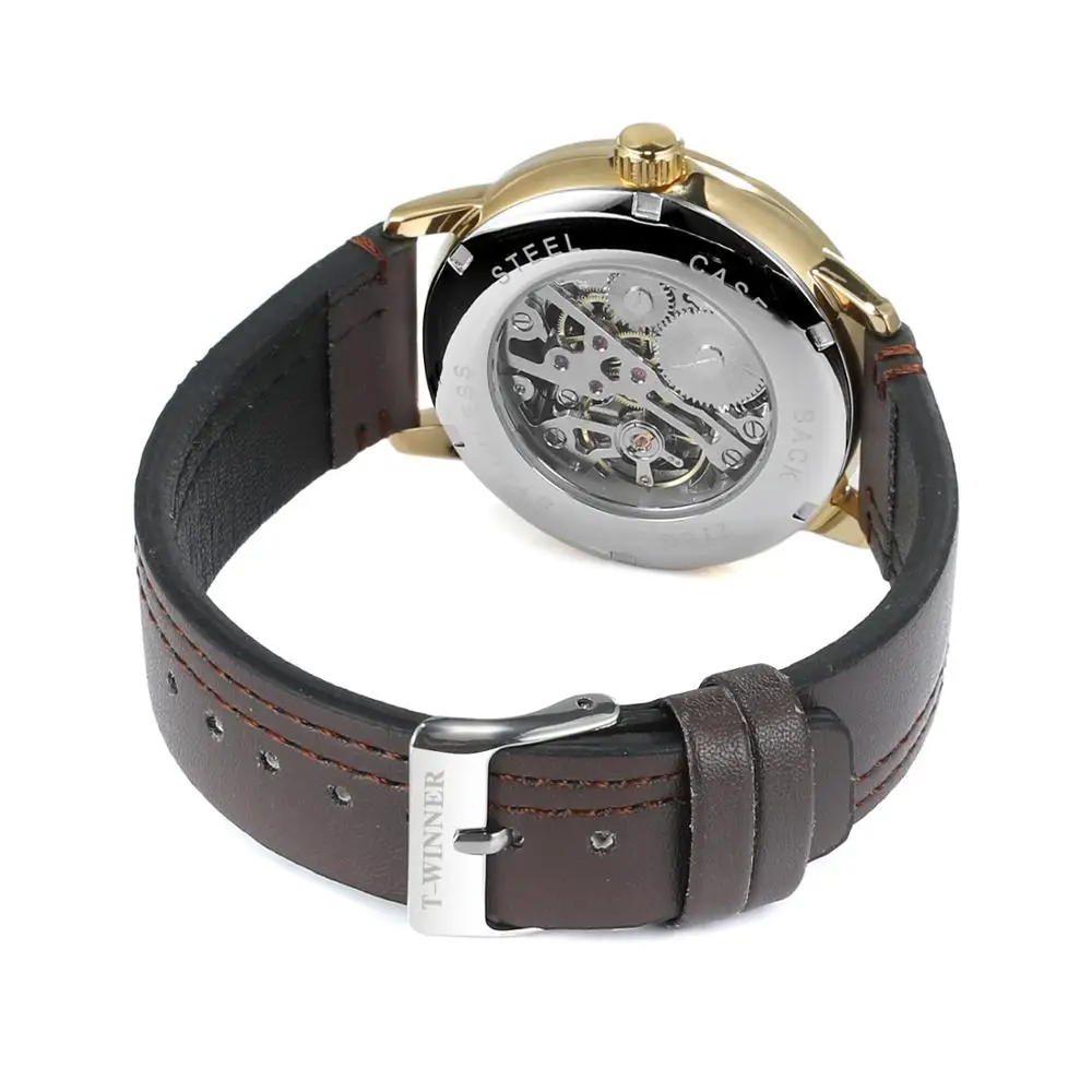 T-WINNER Fashion simple casual men's and women's wrist watch white dial gold case dark brown leather strap mechanical watch 4