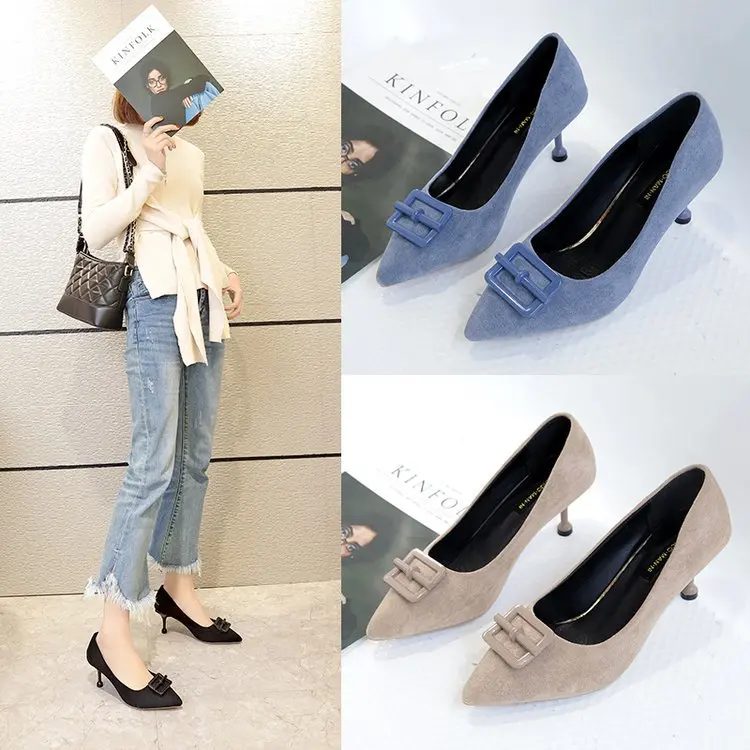 

Shoes 2019 Spring New Style Nubuck Leather Semi-high Heeled Thin Heeled Spring Style Black Work Business Versatile High-Heel WOM