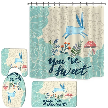 

Bathroom Shower Curtains Toilet Easter 3D Digital Love Flower Rabbit Print Floor Mat Base Mats