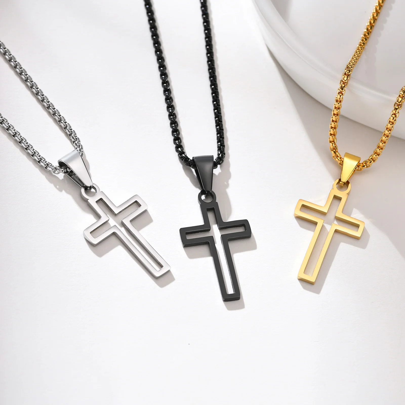 Men Cross Necklace,Outlined Cross Mens Pendant,Stainless Steel Hollow Crucifix Outline,Jesus Religious Confirmation Jewelry