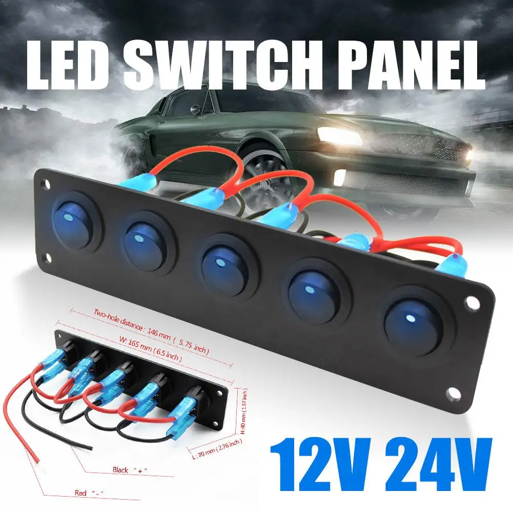 

Waterproof 5 Gang Round Dash Rocker Toggle Switch Panel Blue LED for Trailer RV Boat Yacht Marine 12-24V Marine Accessories Boat