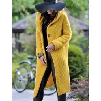 

Winter Solid Color Hooded Sweater Cardigan Women Long Sleeve Knit Long Sweater Coat Casual Plus Size Knitted Sweater