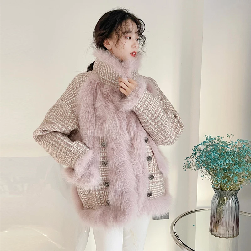 

New Arrival Winter Wool Splice Coats Ladies Fox Fur Parka Jacket Women Warm Fur Coat Young People Fox Fur Coats Outwear Korean