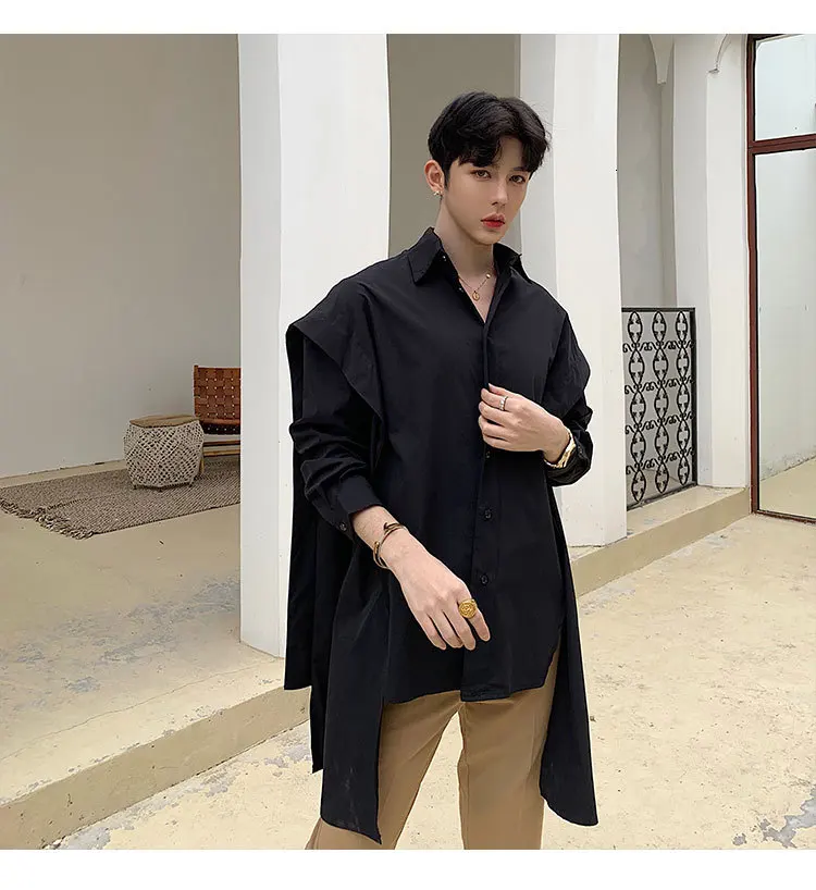 Осень, одноцветная, с геометрическим разрезом, дизайн, camiseta masculina, длинный тонкий рукав, мужская рубашка в японском стиле, в стиле панк, черный