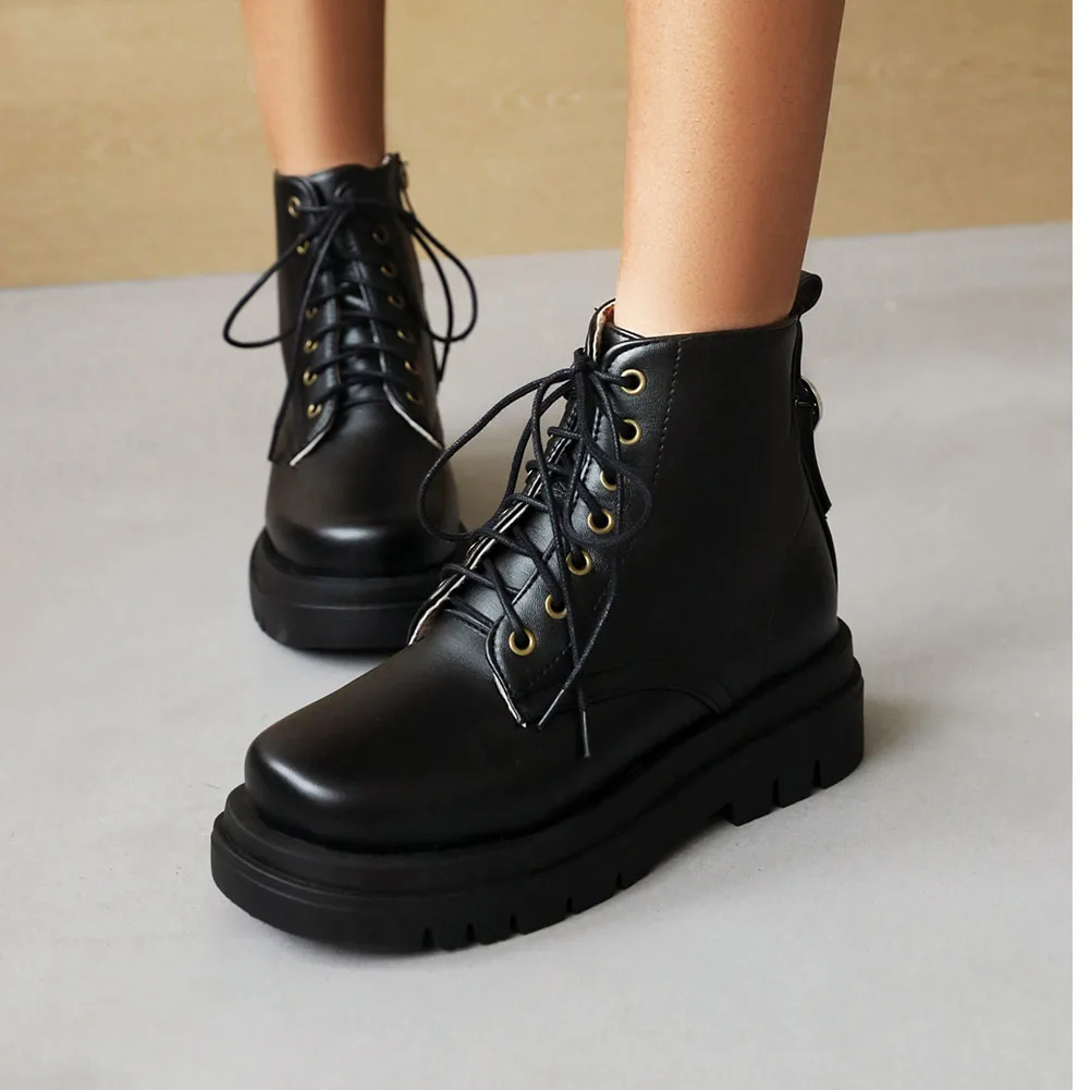 Doratasia Fashion New Female Chunky Heels Round Toe Zip Boots Solid Cross-Tied Ankle Boots Women Punk Shoes Woman