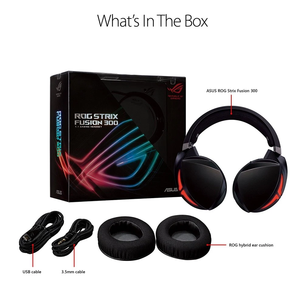 Гарнитура ASUS ROG Strix Fusion 300, проводная, звук 7.1, 20-20000 Гц, 32 Ом, 50-10000 Гц,-39 дБ, USB/mini jack 3.5мм, черный