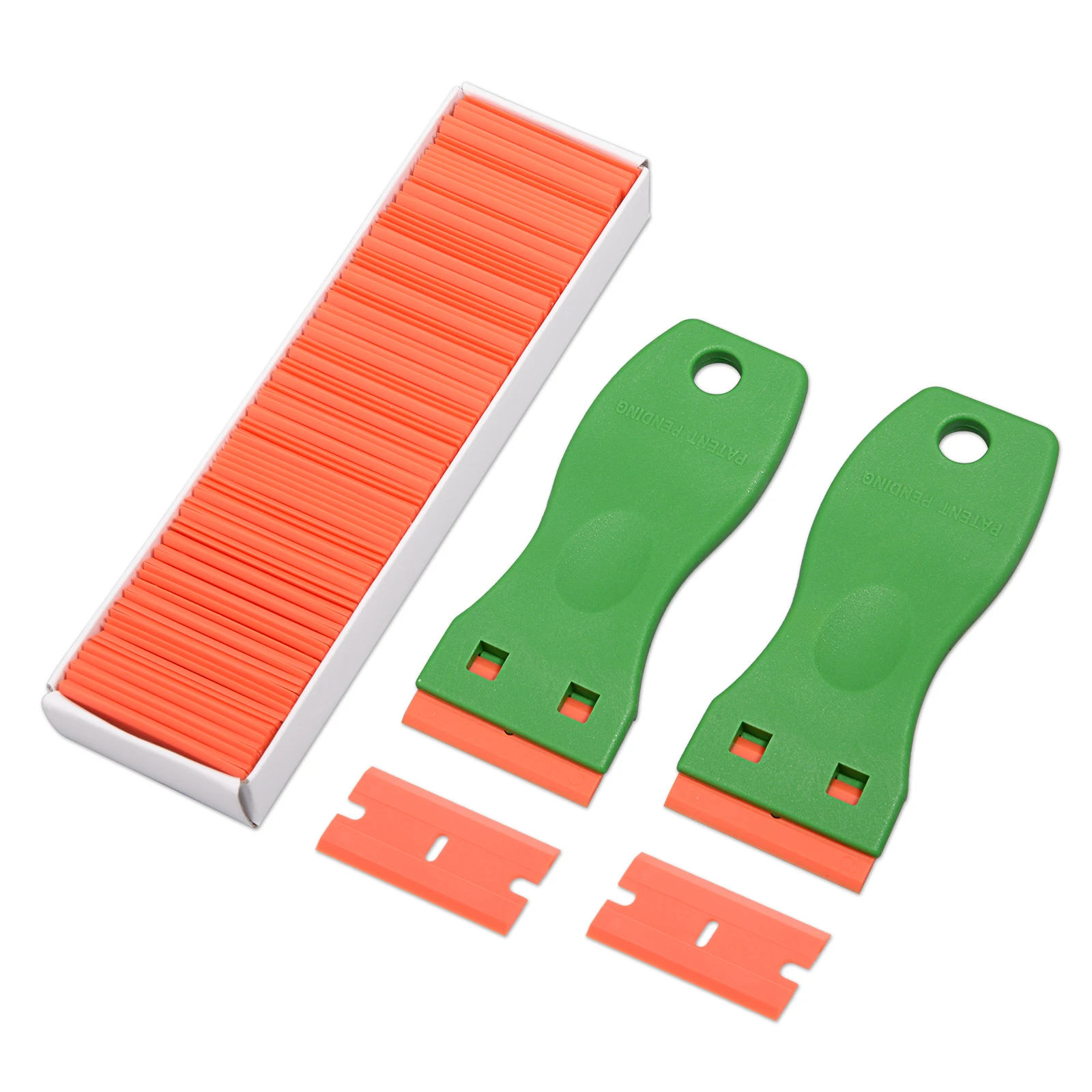 

EHDIS 2pcs Glue Sticker Remover Cleaning Razor Scraper+100pcs Plastic Blade Carbon Fiber Vinyl Wrap Film Window Clean Squeegee