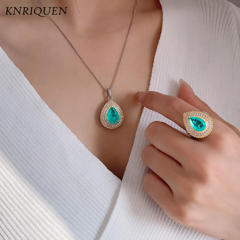 Retro Paraiba Tourmaline Emerald Quartz Gemstone Ring Collana Con Ciondolo Per Le Donne Cocktail Party Set Di Gioielli Di Lusso Regalo Femminile
