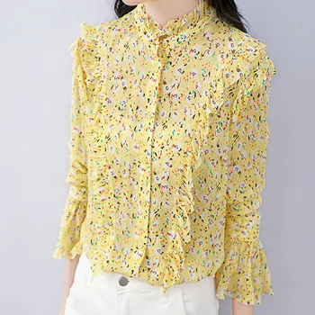 

Women Silk Ruffles Blouse Yellow Single Breasted Flare Sleeve Floral Print Fresh Female Tops