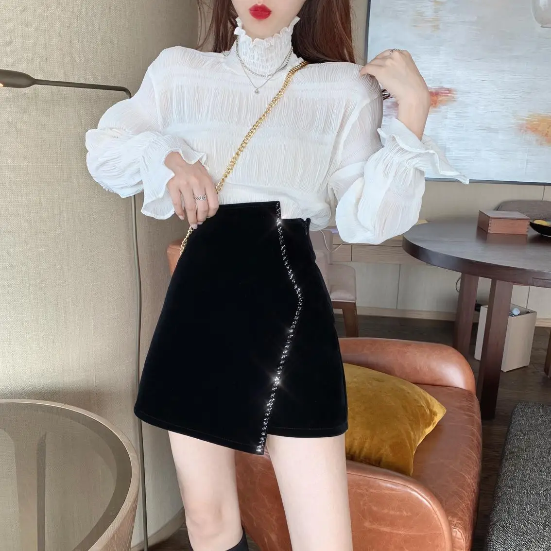 Ins CHIC Europe French Irregular Velvet Hand Bead Rhinestone Woman Velour Mini Skirt High Waist Bodycon Lady Bottom Black Winter