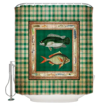 

Geometric Texture Fish Green Plaid Retro Modern Waterproof Bathroom Shower Curtain With Hook Accessory Bathroom Accessories