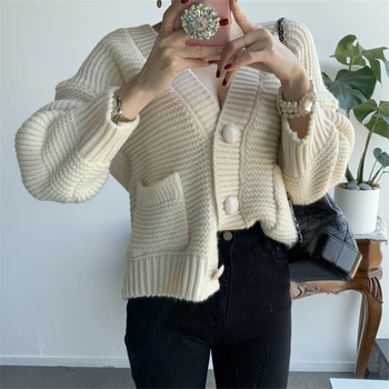 

2020 Women Short Cardigan Knitted Sweater Autumn Winter Long Sleeve V-Neck Jumper Cardigans Casual Streetwear Fashion Warm Coat