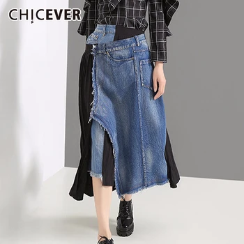 

CHICEVER Korean Asymmetric Patchwork Denim Women's Skirt High Waist Irregular Hem Pleated Skirts Female 2020 Casual Fashion