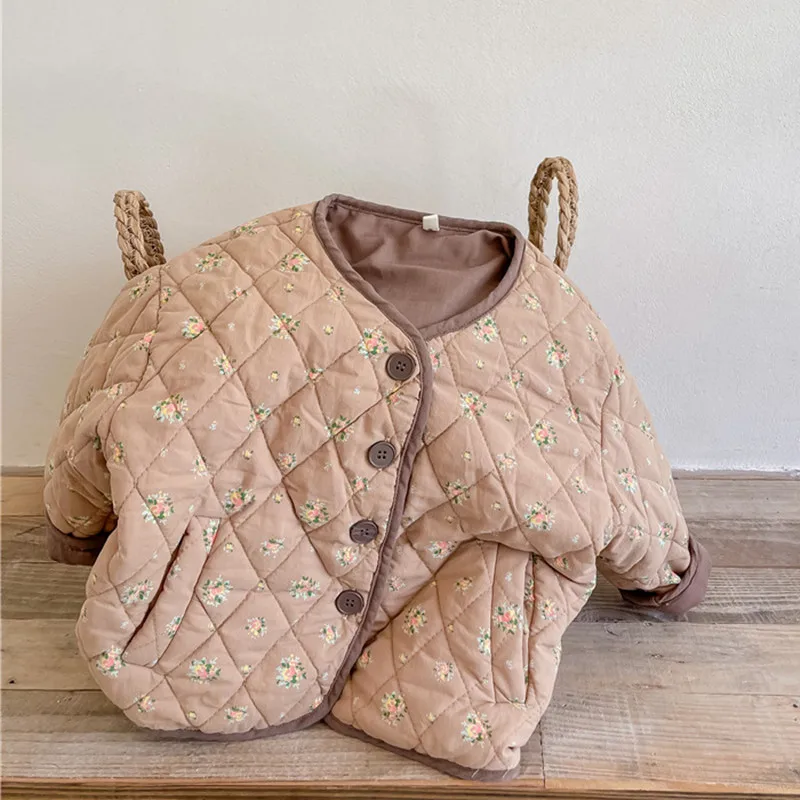Winter Korean Style Kids Clothes Floral Printed Baby Girls Quilting Coats