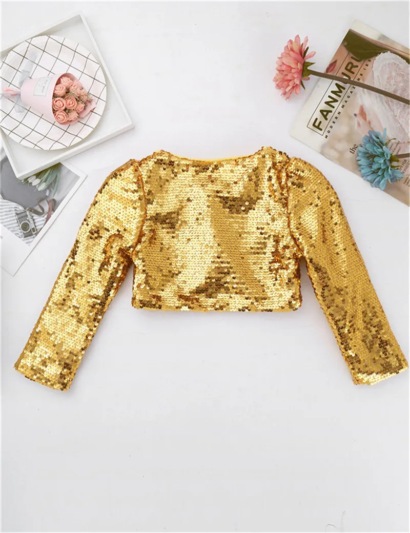 Fashion Kids Girls Shiny Sequins Bolero Shrug Cardigan Top Flower Girls Dress Shrug Wrap Long Sleeve Cropped Coats Short Jacket orange bubble coat