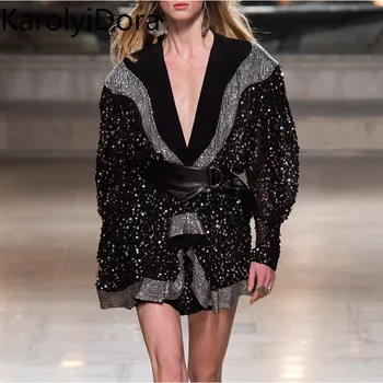 

2020 Spring Runway Designer Sequined Diamonds Shiny Ruffles Draped Dress Women Long Sleeve V-neck Fashion Mini Dress With Belt