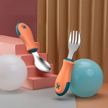 Vajilla de acero inoxidable con mango corto para niños, juego de tenedor y cuchara de entrenamiento portátil para bebé, suplemento alimenticio