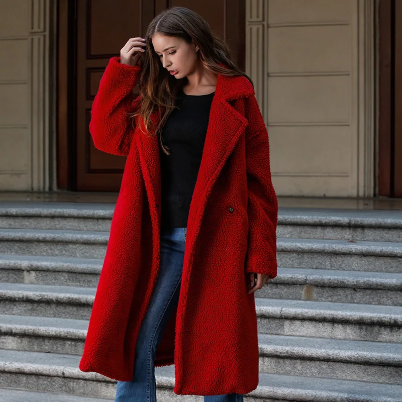 DEAT осенне-зимнее однобортное Красное Длинное свободное пальто на пуговицах женское плотное пальто MG699