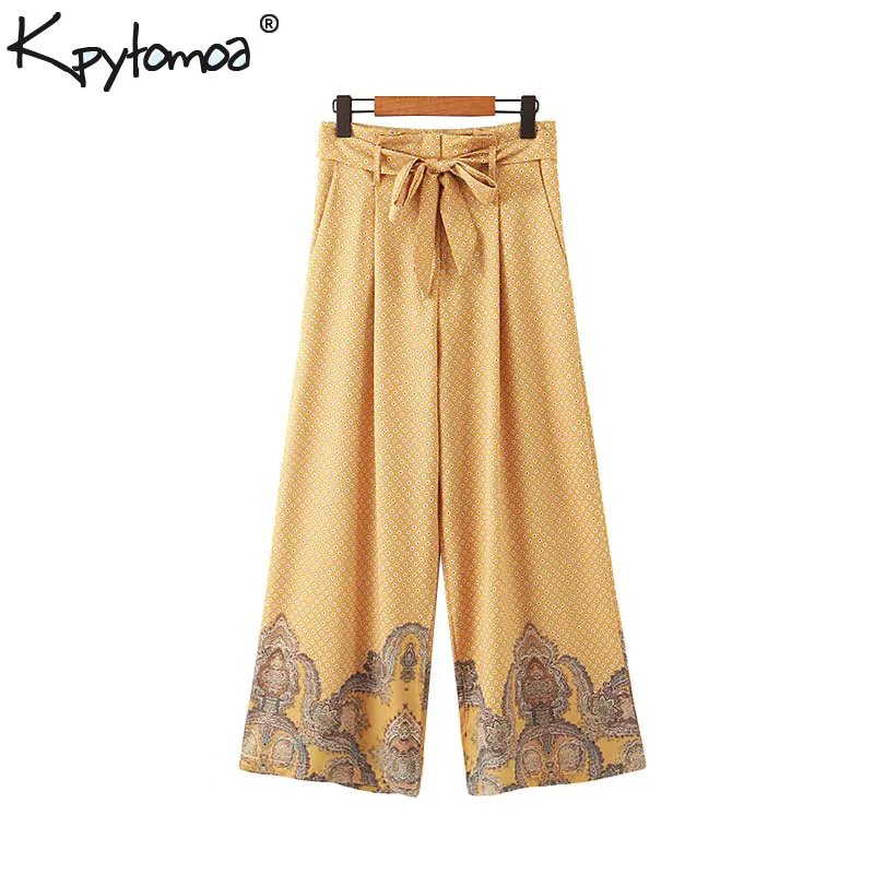 

Vintage Elegant Geometric Print With Sashes Wide Leg Pants Women 2019 Fashion High Waist Zipper Fly Pockets Trousers Pantalones