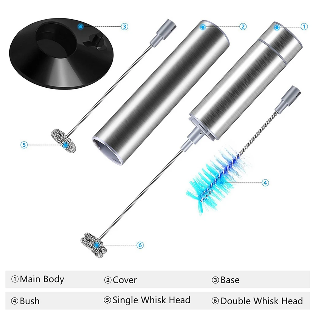 Handheld Electric Milk Frother with Single Double Whisk Head & Cleaning Brush