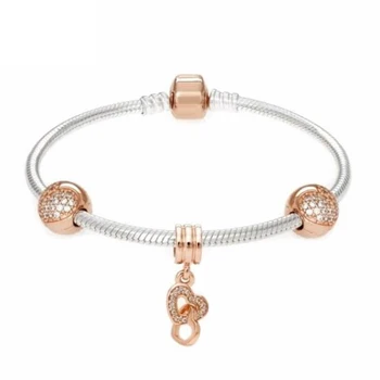 

2019 NEW 100% 925 Sterling Silver Rose Gold Heart bracelet Sets Clear CZ Heart Clip Charm Bead fit Bracelet DIY Women Jewelry