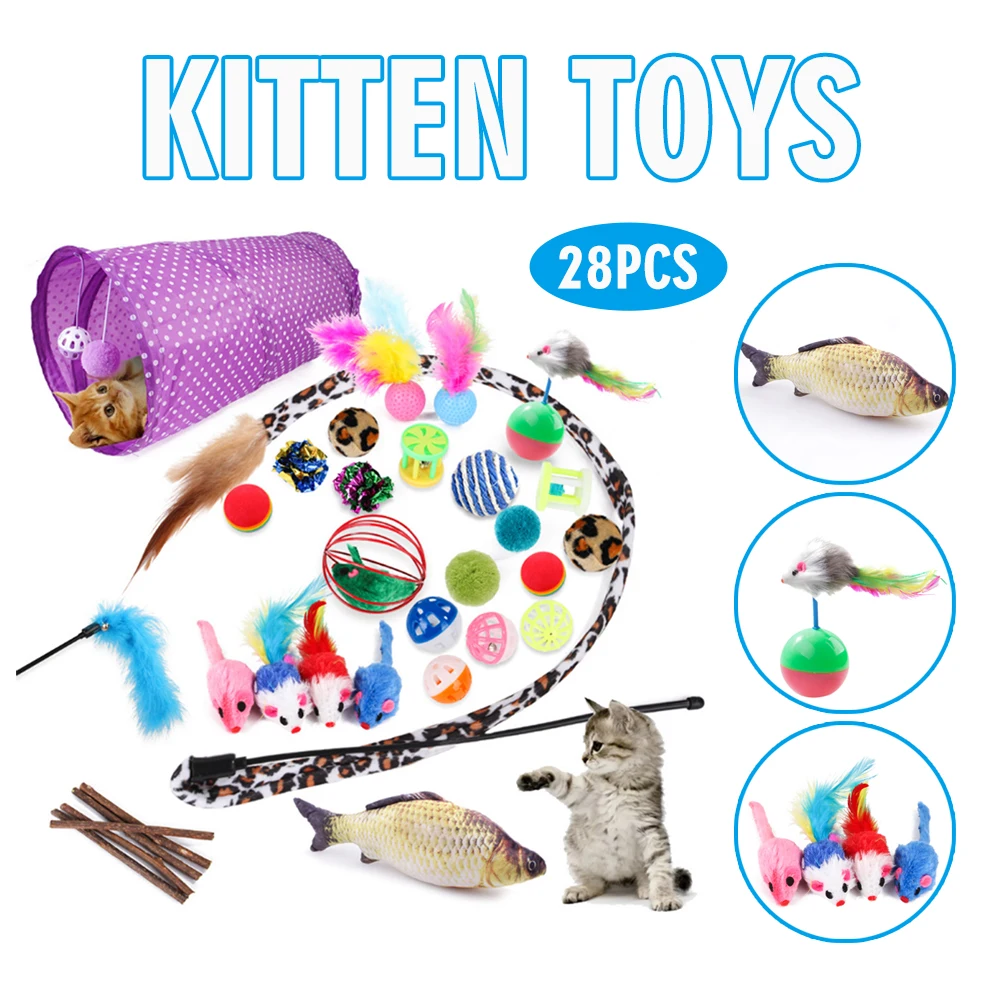 

28pcs/set Teasing Cats Funny Kitten Toys Interactive Playthings Catnip Mice Bells Balls Cat Teaser Wand Pet Toy Playing Supplies