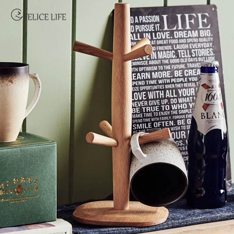 Wooden Coffee Cup Holder Beech Wood Tree Stand Rack 6 Cup Mug Holder