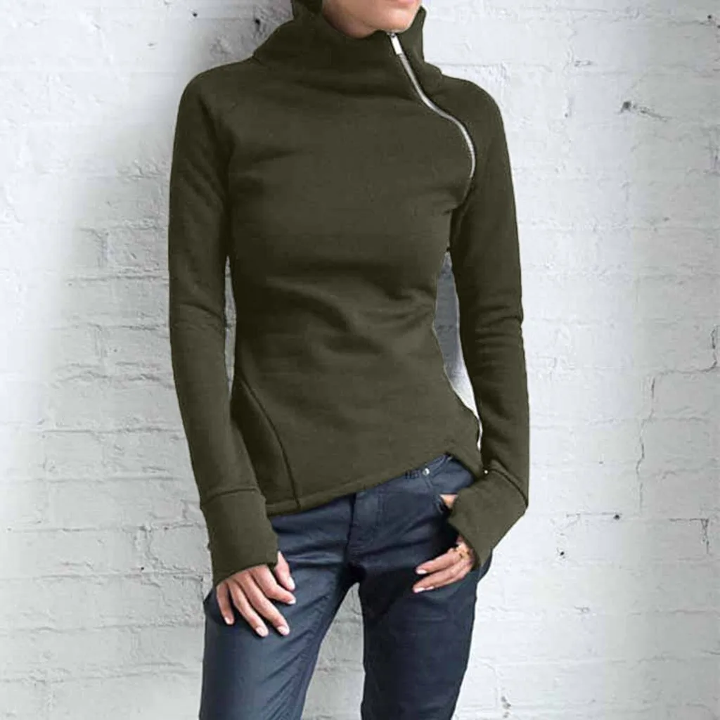 

Women Turtleneck Zipper Sweatshirt Casual Solid hoodies Long Sleeve Lady Pullover Tops Women Clothing Feminina Plus Size NEW