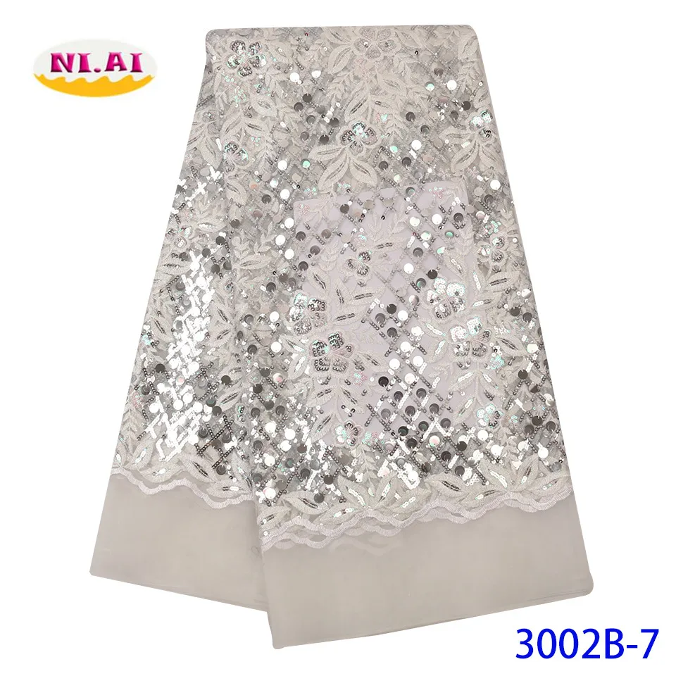 NIAI African Net Lace Sequins Fabric Embroiderd High Quality French Lace Fabric Nigerian Lace Fabrics For Wedding XY3002B-5