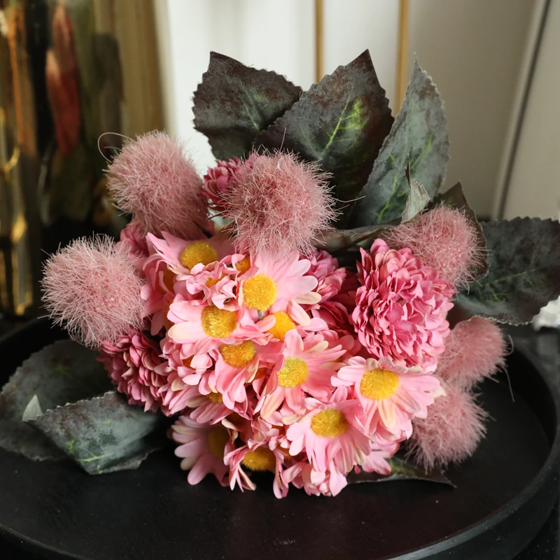 Pink Домашний декор, свадебные помпоны, искусственные хризантемы, букет цветов, держащие цветы, вечерние Шелковый свадебный букет - Цвет: Pink