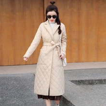 2021 new Woman Jacket Women's over the Knee Winter Clothing Coat Parkas Belted space cotton diamond plaid Coat down