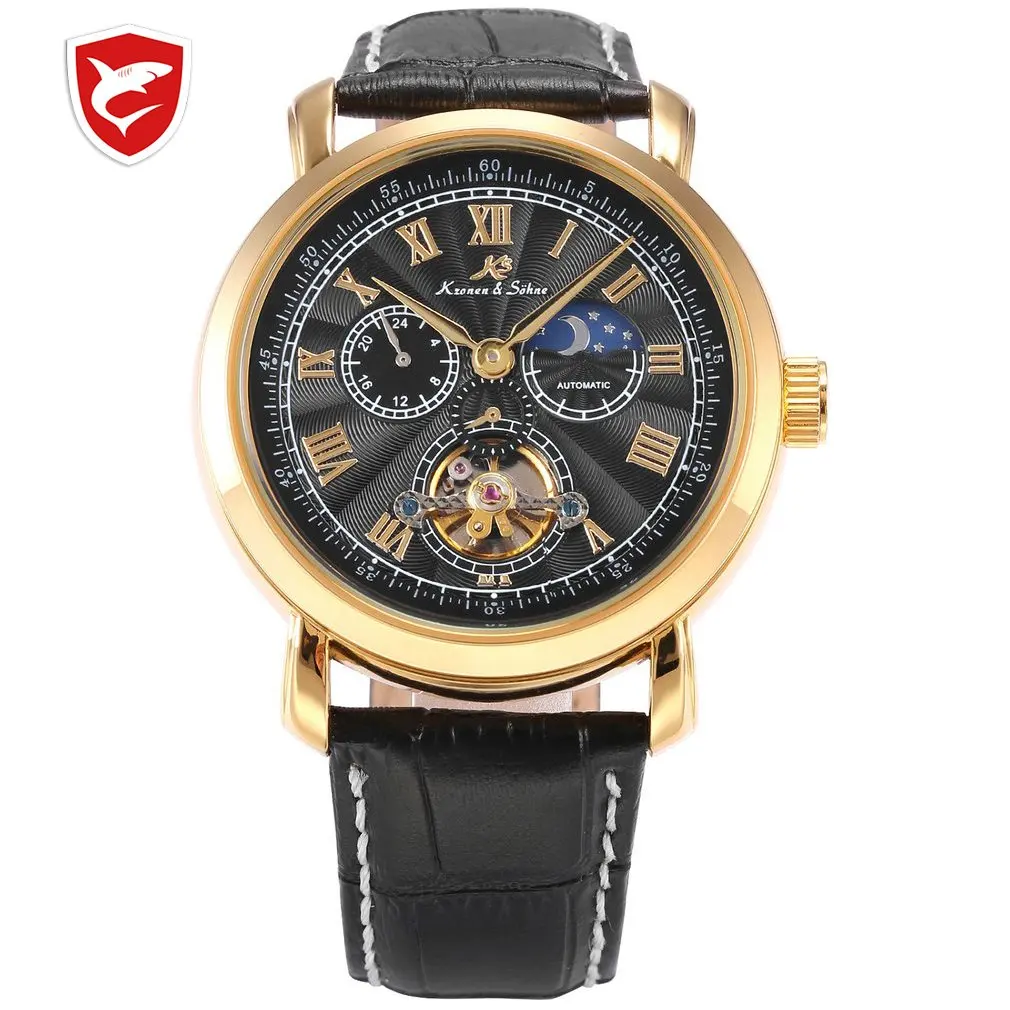 

KS Brand Navigator Sun Moon Display Automatic Mechanical Self Wind Tourbillion Black Dial Black Leather Strap Mens Watch / KS221