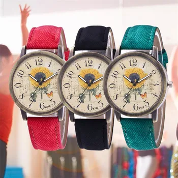

Reloj Women Quartz Watch Retro Design Sunflower Printed Wristwatch Fashion Luxury Simplicity Female Watch Gift Relogio Feminino