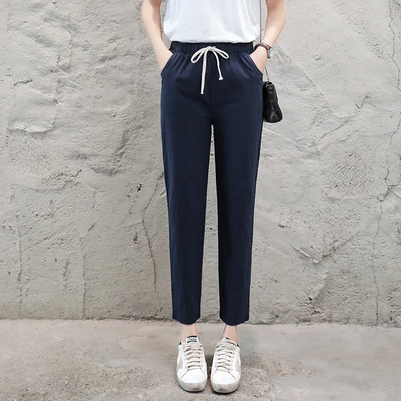 Autumn Cotton Linen Pants Women Candy Color Casual Loose Harem Pants for Women Ankle Length Trousers Female Elastic Waist Pant - Цвет: Navy