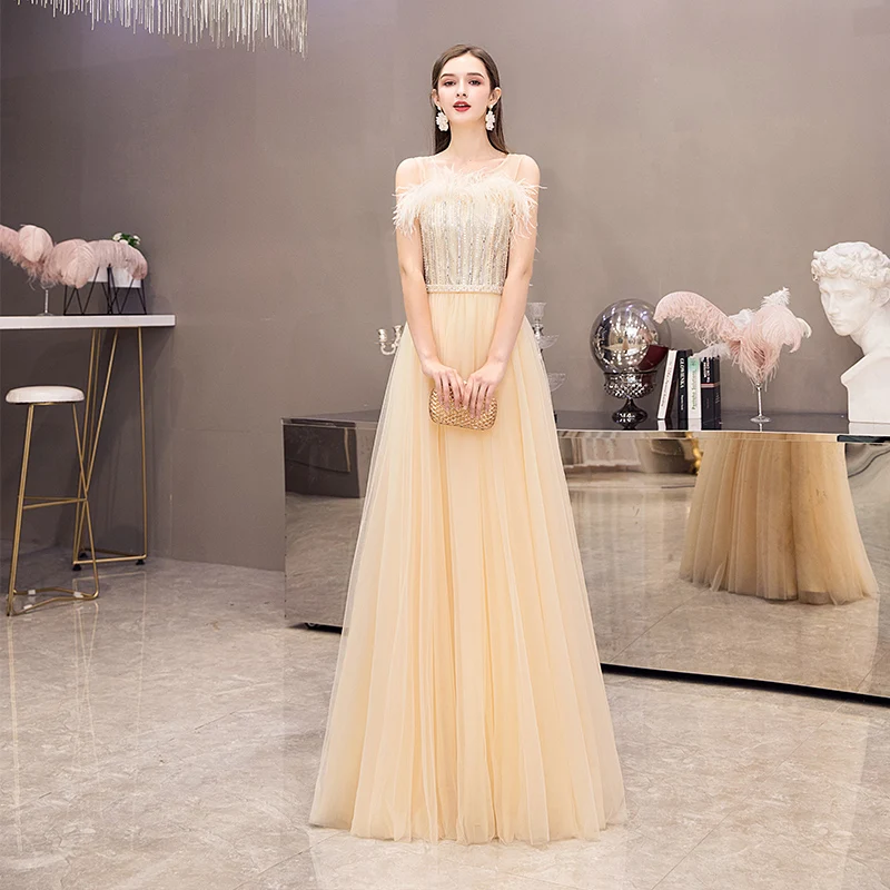 SSYFashion, новинка, высокое качество, Красное длинное вечернее платье, роскошные перья, блестки, бисер, без рукавов, для выпускного вечера, вечерние платья, Vestido De Noche - Цвет: Золотой