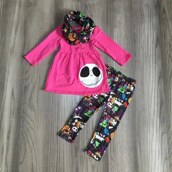 

children girls Halloween clothing girls 3 pieces with scarf sets girls ghost smile face dress with orange ghost pants