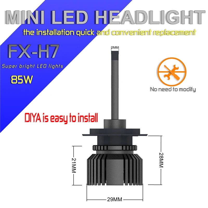 FX-H7 светодиодный автомобильные лампы для передних фар, мини размер 85 Вт 5500K 18200Lm, H1 H3 H4/HB2 9005 HB3 9006 HB4 H11/H8/H9 880 881 H27