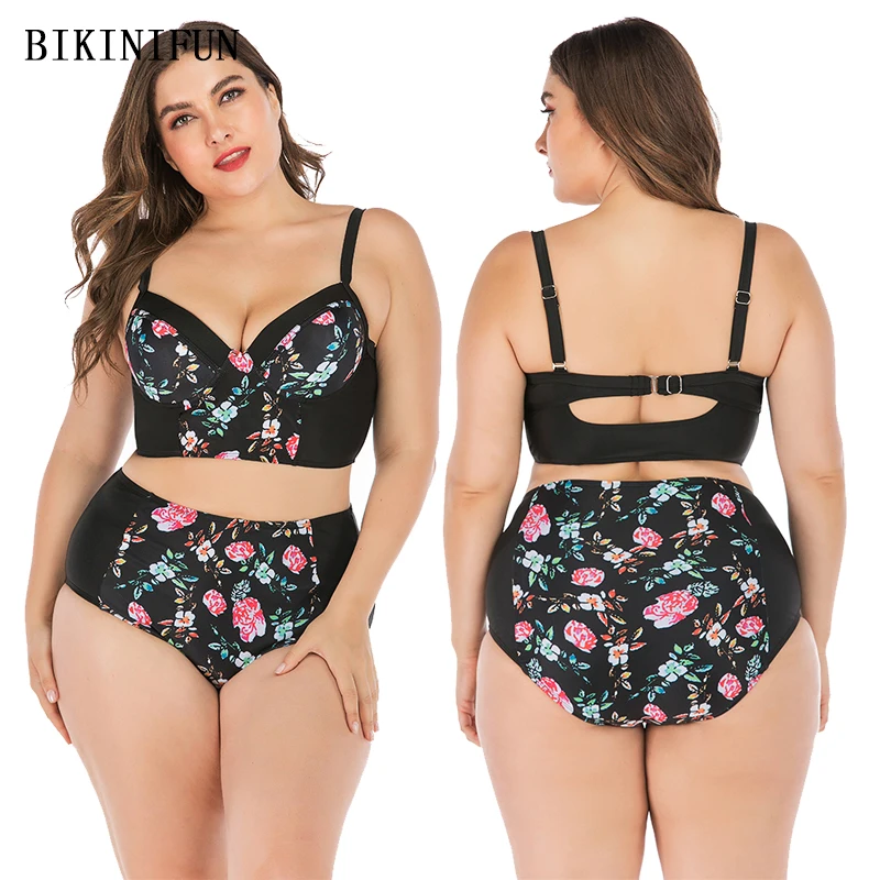 

New Sexy Plus Size Bikini Women Swimsuit Black Floral Patchwork Swimwear XL-5XL Girl High Waist Push Up Bathing Suit Bikini Set