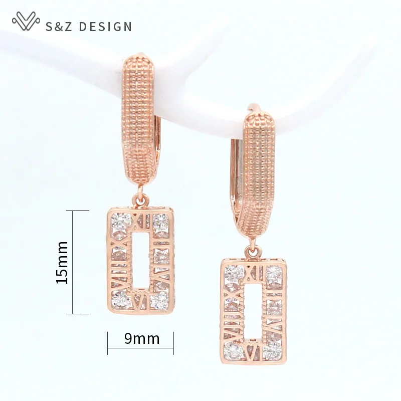 S&Z DESIGN New Round Square Vintage Roman Numerals Dangle Earrings For Women Wedding 585 Rose Gold Color Zirconia Jewelry