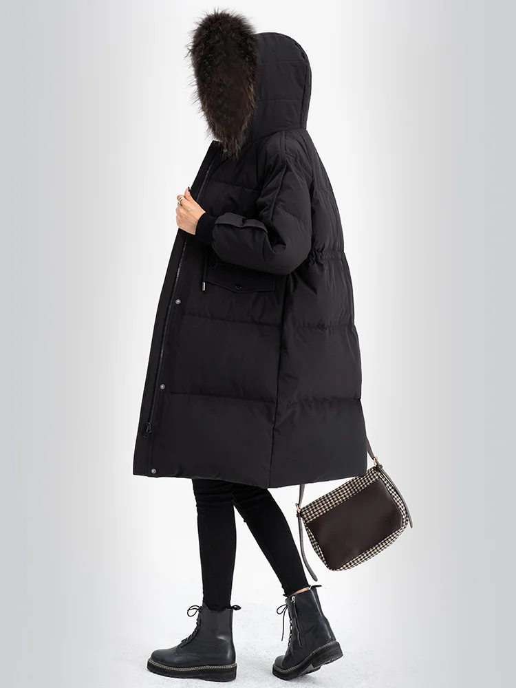 Autumn and Winter New Big Fur Collar Hooded Loose Mid-Length Fashionable Warm down Jacket Thickened Coat