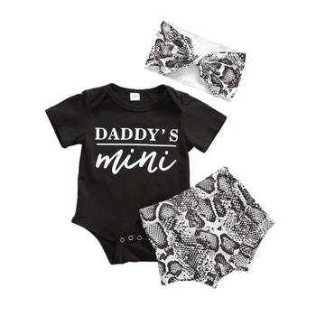 

HOT 3Pcs Newborn Baby Girls Clothes Set Letter Print Infant Long Sleeve Jumpsuit+Headband+Leopard Shorts Toddler Girls Clothing