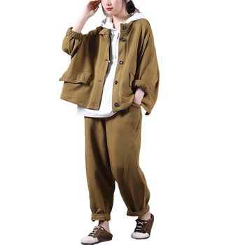

Casual Suit Two-piece set Dark Yellow 2020 Autumn New Women's Korean Style Trendy Loose Pure Color Single-breasted Cardigan