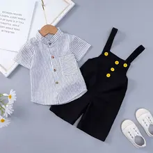 Ensemble d'été pour garçons et filles, chemise rayée à manches courtes, boutons, bretelles, pantalon, vêtements pour enfants, nouvelle collection 2022