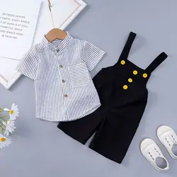 Meninos meninas definir verão manga curta listrado camisas botões suspender calças do bebê crianças roupas 2022 nova loverly ternos