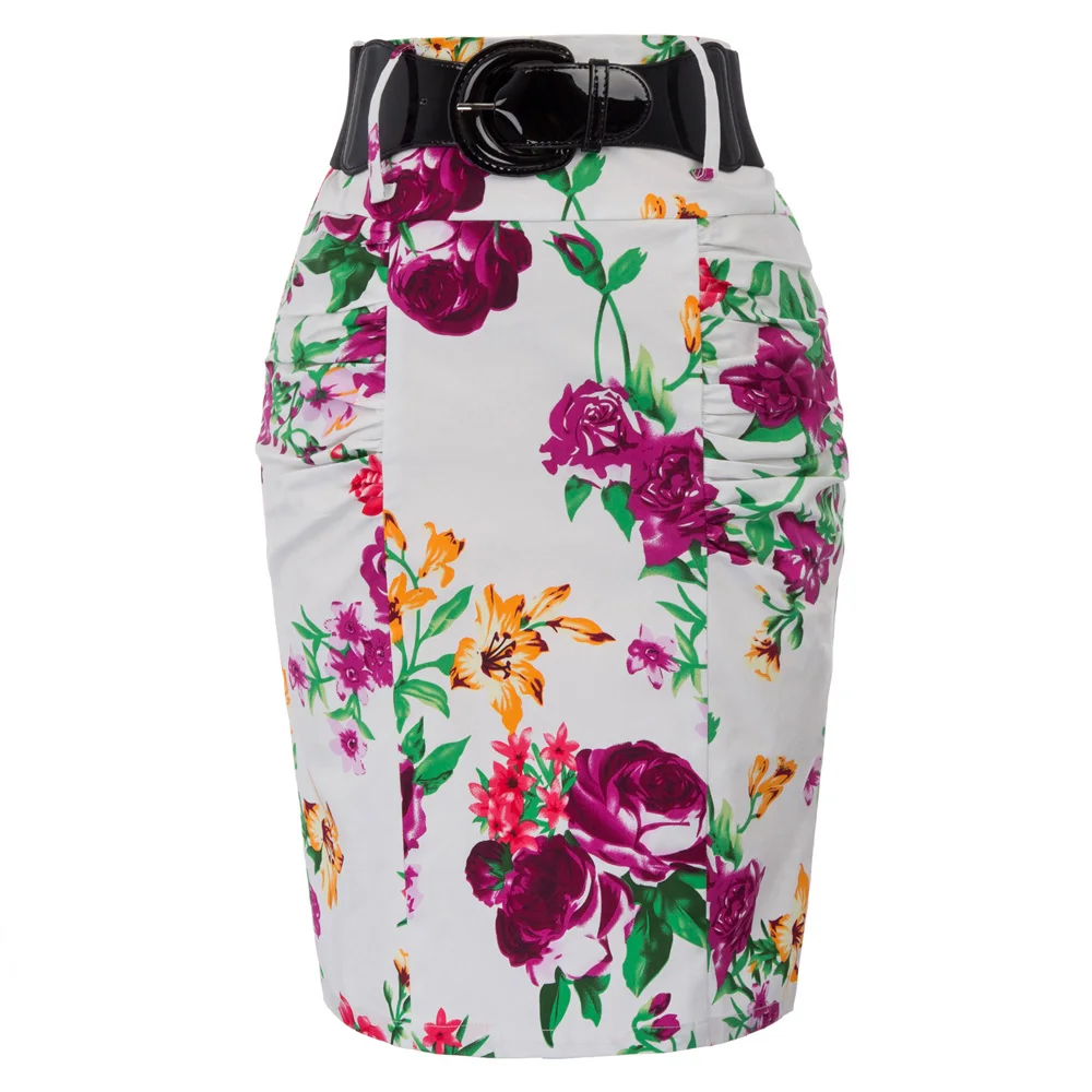 Женская рубашечная Офисная Женская юбка с цветочным узором, хлопковая юбка-карандаш с широким поясом, винтажная стильная юбка до колен с цветочным рисунком