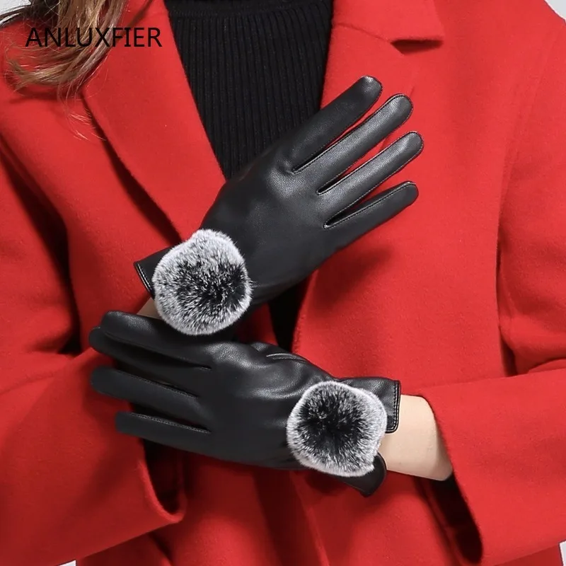 

Женские кожаные перчатки H9897, осенне-зимние теплые плотные бархатные черные варежки для верховой езды, водонепроницаемые перчатки для сенсорных экранов