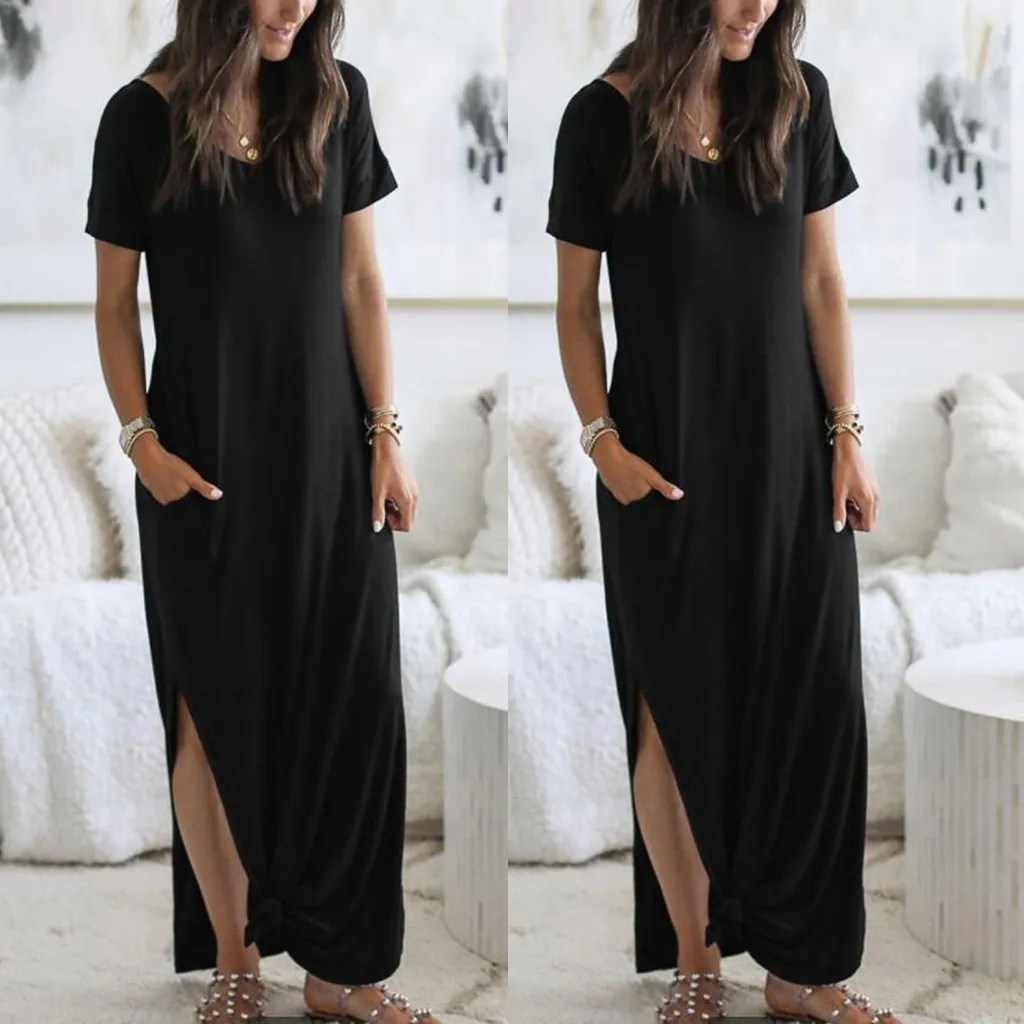 

2020 Newest Lady Dress Women Sexy Casual Solid Color Pocket Daily Round Neck Split Beach Work Long Dress beach Female Dress