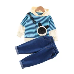 Conjunto de roupas para bebês meninas e meninos, calça listrada com capuz 2 tamanhos fantasia roupa esportiva para crianças primavera outono